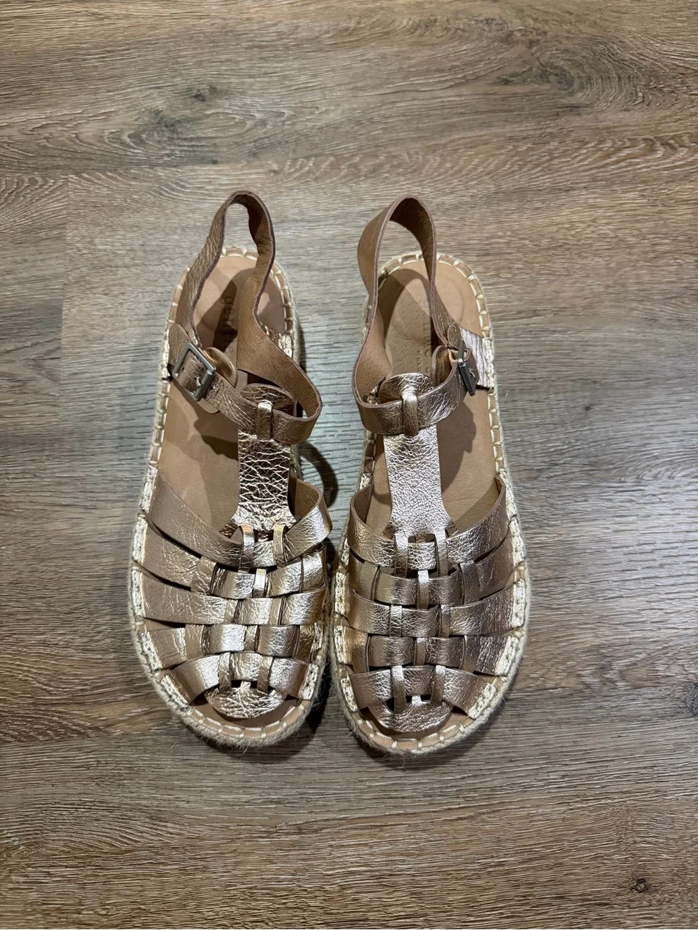 Gentle Souls Lizzy Eva Basket T-Strap Leather Espadrille Sandals 9.5 Rose Gold
